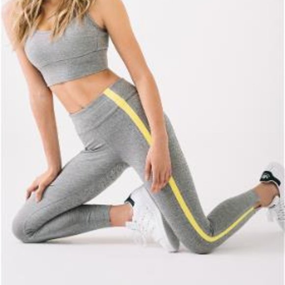 Zyia Grey Neon Yellow Racing Stripe High Rise Luxe Leggings Size 2 - Picture 1 of 13
